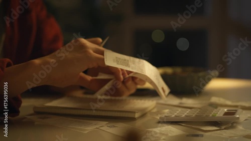 A person is sorting through receipts and financial notes on a table in a softly lit environment. Papers are spread out, indicating an effort to manage budgets or expenses during nighttime