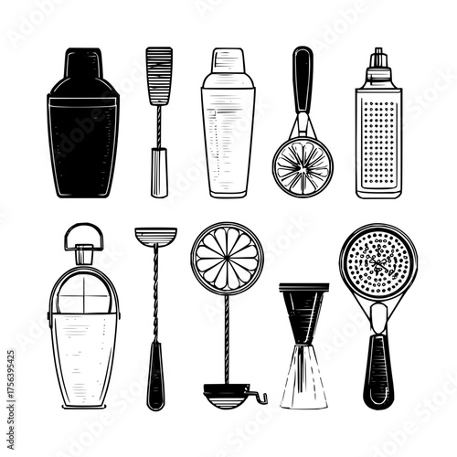 Collection of essential bar tools for cocktail making shaker strainer jigger and other accessories set
