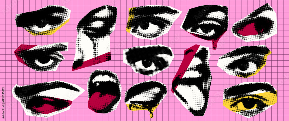 Εκτύπωση καμβά Halftone collage of expressive eyes and mouths in bold pop art style on a pink g