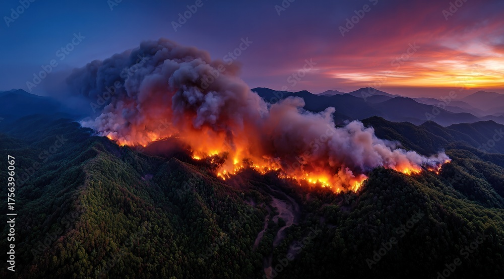 Fototapeta premium Vue aérienne d'un énorme incendie de forêt dans les montagnes, avec de la fumée et des flammes s'élevant dans le ciel au coucher du soleil.