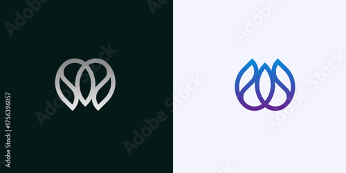 Modern abstract organic logo Letter M or W design featuring three interconnect stylized organic elements