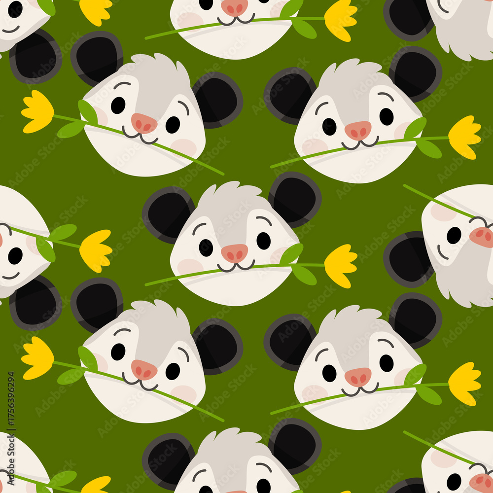 Fototapeta premium Cute Opossum Faces with Yellow Flowers Seamless Pattern