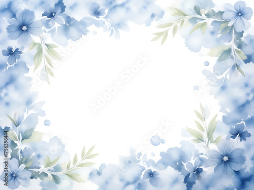 Wallpaper Mural watercolor illustration forming a rectangular frame or border of gentle blue flowers and green leaves on a white background. Conveys tranquility, romance, spring, and delicate beauty. Torontodigital.ca