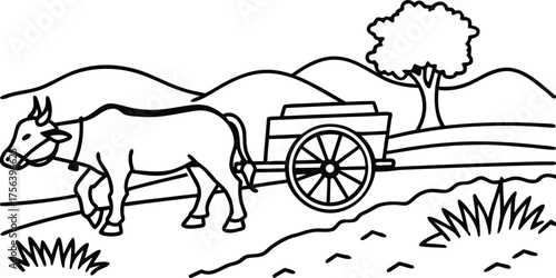 Line art drawing of a bullock cart with a bull walking on a rural path with hills and a tree isolated on transparent background