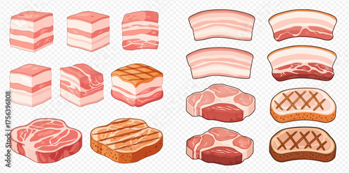 Illustration of various cuts and preparations of pork, including bacon and steak.