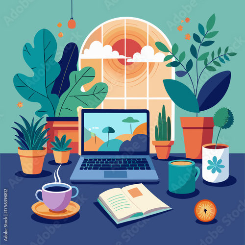 Cozy Desk Scene with Laptop Plants and Coffee book