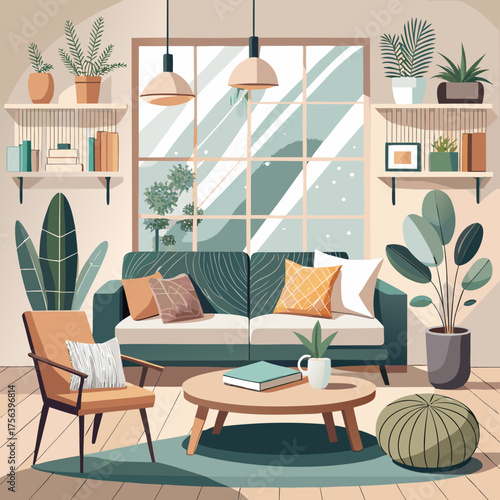 Cozy living room with plants and patterned cushions