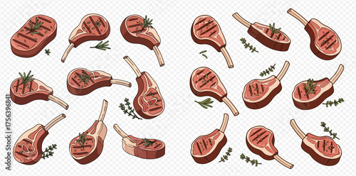 Illustration of grilled lamb chops with herbs on a transparent background.