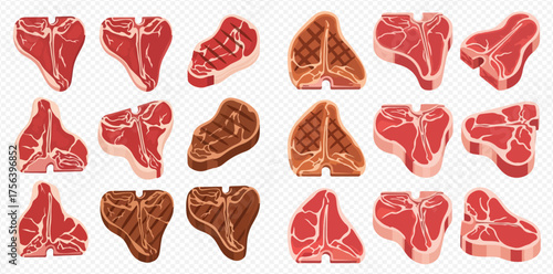 An array of raw and cooked T-bone steaks on a transparent background.