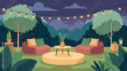 A cozy outdoor patio with a mix of oversized floor cushions woven poufs and a low table for drinks and snacks. The space is surrounded by lush greenery and is lit by string lights