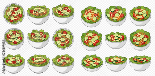 Multiple bowls of fresh salad with lettuce, tomatoes, cucumbers, and dressing.
