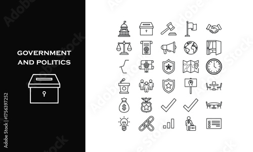 Empowering government and politics with modern icons for civic engagement and democratic processes, ideal for websites, presentations, and educational materials