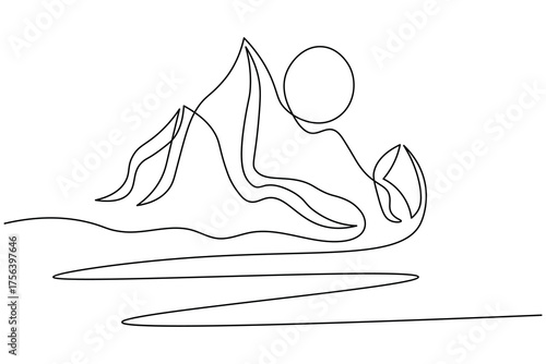 Nature mountain landscape continuous one line drawing in minimal modern outline vector illustration on white background