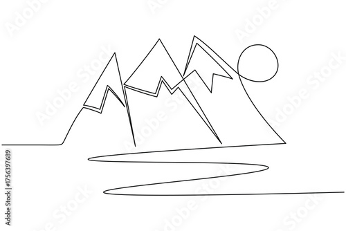 Nature mountain landscape continuous one line drawing in minimal modern outline vector illustration on white background