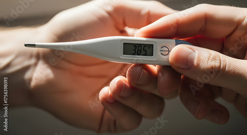 Elevated temperature displayed on digital thermometer held by hand, feverish reading indicates illness or infection, health concern