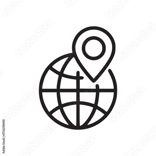 A simple line drawing of a globe with longitude and latitude lines and a location pin on top of it