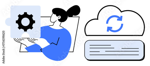 Woman holding gear puzzle piece, highlighting teamwork and problem-solving. Cloud with refresh icon depicts data synchronization and digital collaboration. Ideal for innovation, networking