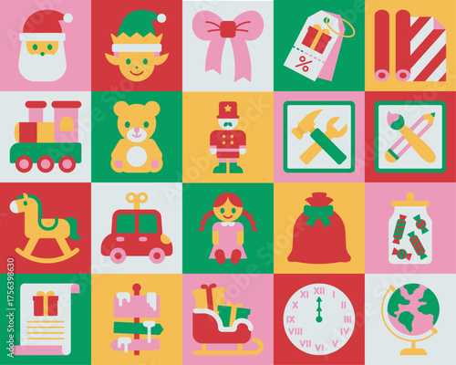 Festive Christmas workshop and gift symbol of Flat illustration set. Ideal for cheerful projects, seasonal packaging, children’s illustrations, and winter-themed designs.