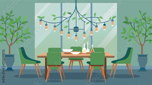 A dining room with a modern chandelier made of branches and vines complementing the greenery on the table centerpiece.