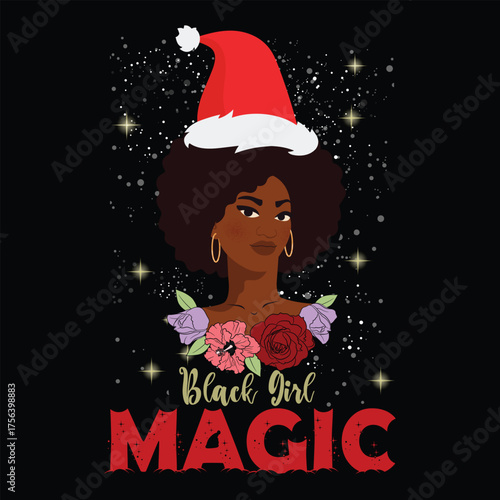 Black Girl MAGIC. Christmas graphic prints set, t shirt designs for ugly sweater x mas party. 