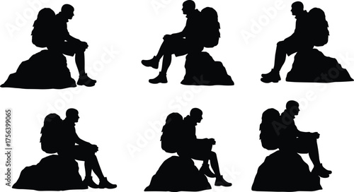 Black Silhouette Set of a Hiker with a Backpack Sitting on a Rock, Taking a Rest During a Trekking Journey, Showing Adventure, Travel, and Exhaustion

.