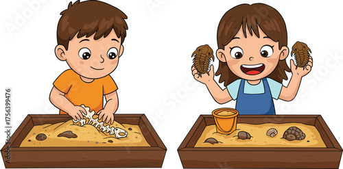 Children excavating fossils, cartoon science scene, expressive emotion, trilobite and skeleton discovery, hands-on learning, paleontology activity illustration