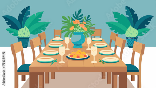 A dining room with a wooden table set for a tropical themed dinner party complete with rattan placemats and floral centerpieces.