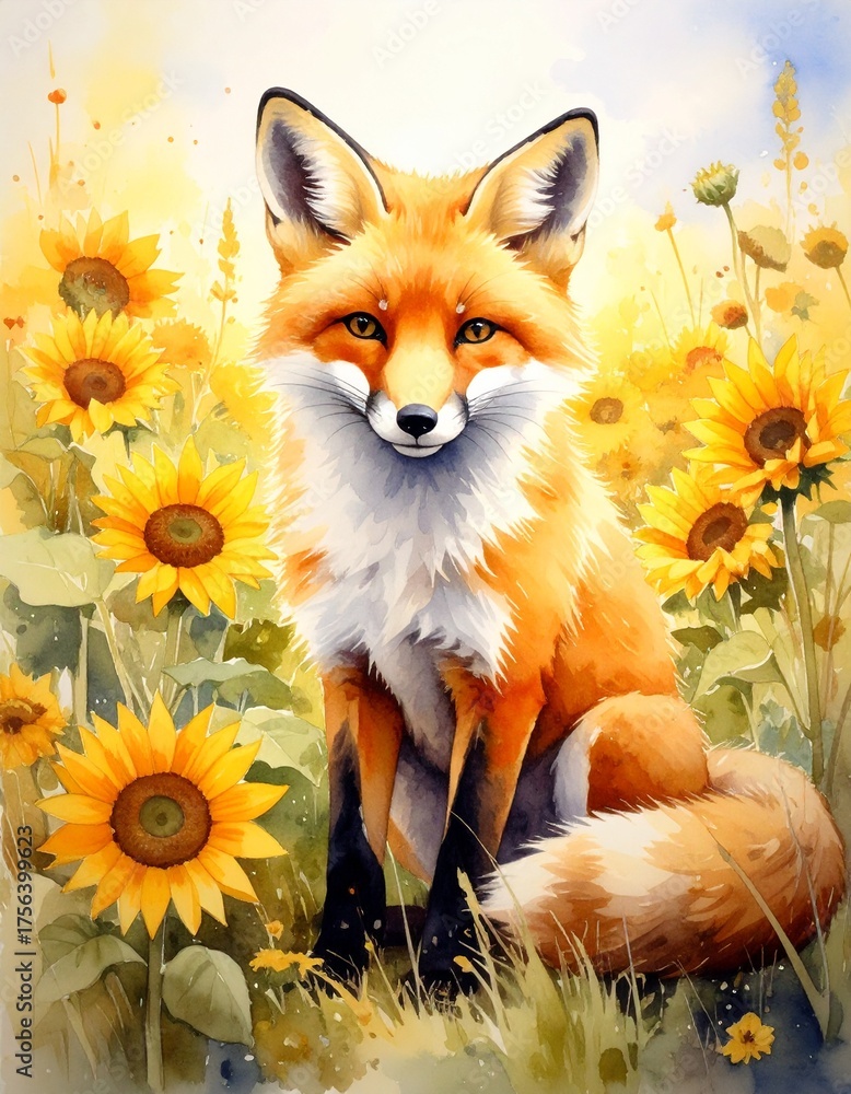 Fototapeta premium Fuchs zwischen Sonnenblumen