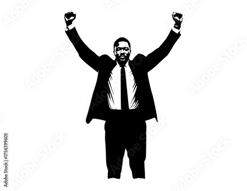 a black and white silhouette of a man in a suit with his arms raisedarm, black, business suit, businessman, cheer, hand, lift, man, muscle, stand, stretch, suit, tie, wear 