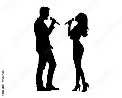 a silhouette of a man and a woman singing into microphonescouple, karaoke, man, microphone, profile, sing, singe, singer, song, stand, woman 
