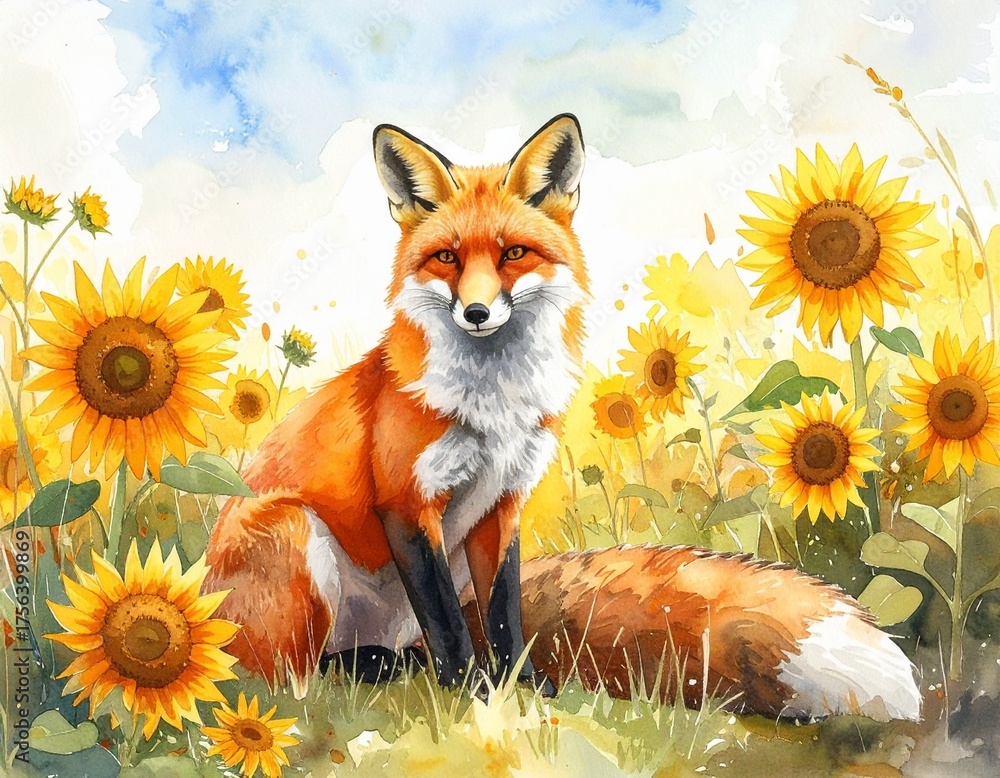 Fototapeta premium Fuchs zwischen Sonnenblumen
