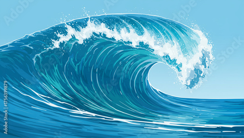 Powerful stylized vector illustration of a massive ocean barrel wave breaking under a clear sky, ideal for surfing website banners, environmental camp