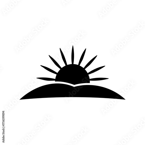 Stylized black and white sun rising or setting over horizon drawing