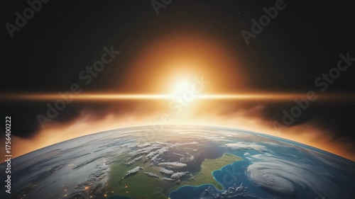 Sun Rising Over Earth’s Horizon Seen from Outer Space