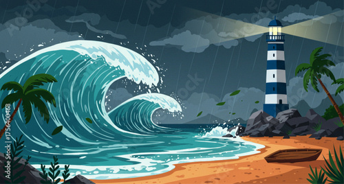 Stylized Illustration of a Huge Ocean Wave and Heavy Rain Storm Approaching a Coastal Lighthouse, suitable for environmental emergency brochures, insu