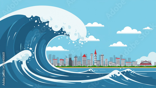 Cartoon Vector Illustration of a Massive Tsunami Wave Threatening a Coastal Metropolis; ideal for disaster preparedness guides, educational presentati