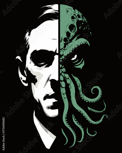 Stylized Split Portrait Illustration Combining a Man and a Tentacled Sea Creature in a Dark Surreal Design