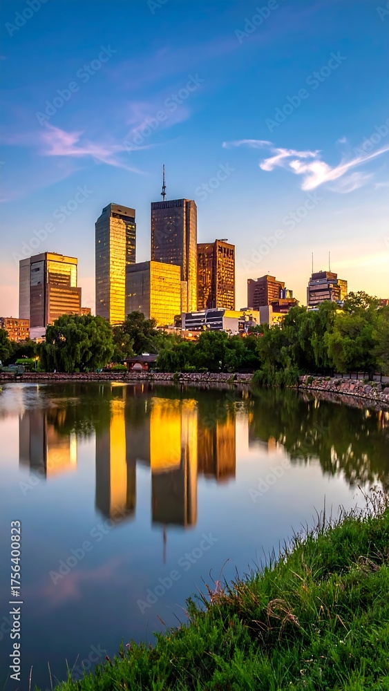 Fototapeta premium Skyscrapers reflected in a tranquil lake during a golden sunset