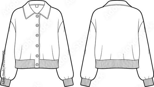 CAD drawing flat vector illustration of women’s button-up cardigan sweater with ribbed cuffs, hem, drop shoulder, back and front views
