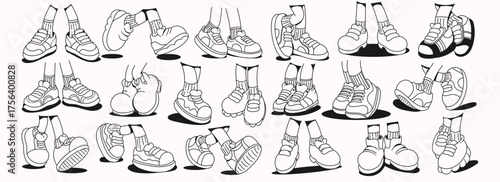 Mascots legs in different poses, red and white retro sneakers shoes in groovy 70s style on white background, playful vector character elements