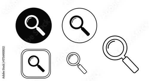 Vector illustration of a collection of magnifying glass icons in various styles and colors, including black and white