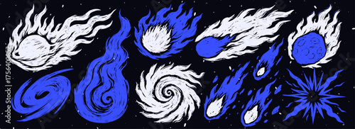 Hand-drawn set of space elements. Meteorite, planet, galaxy, comet. Trendy illustration in chalk sketch style.