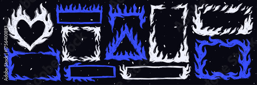 Hand drawn doodle frames with fire flames set in sketch scribble crayon style, Decorative borders outline illustration isolated.