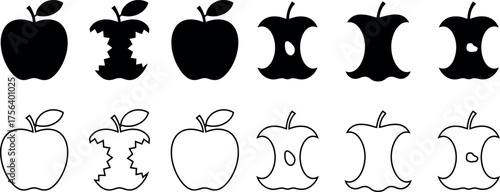 Apple Icons Vector Collection Featuring Whole Apples and Apple Cores