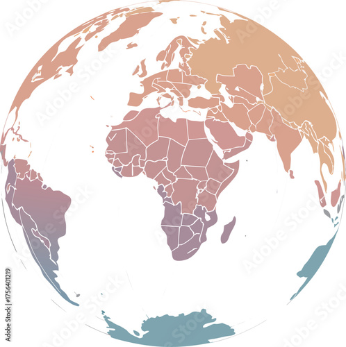 Half globe of Earth with continents including Africa, Asia, America, Europe, and Australia in curved world map vector, no background.
