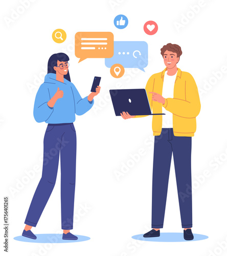 Two young people man and woman working together setting up social media and communication