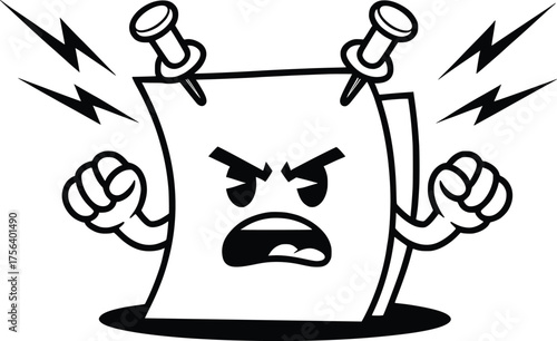 Angry Paper Cartoon Vector, Frustrated Sheet Character Illustration.