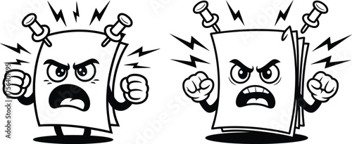 Angry Paper Cartoon Vector, Frustrated Sheet Character Illustration.