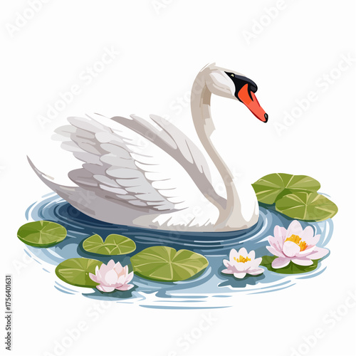 Schwan auf Teich mit Seerosen