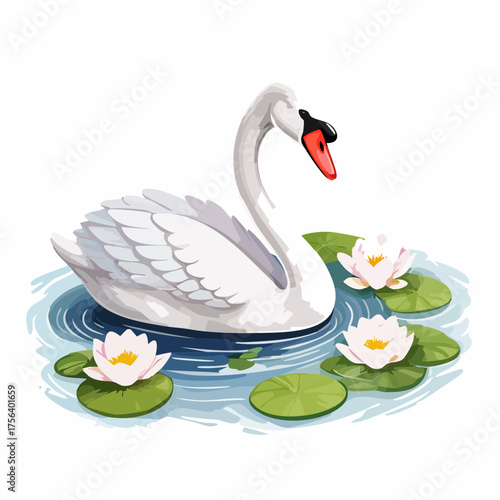 Schwan auf Teich mit Seerosen